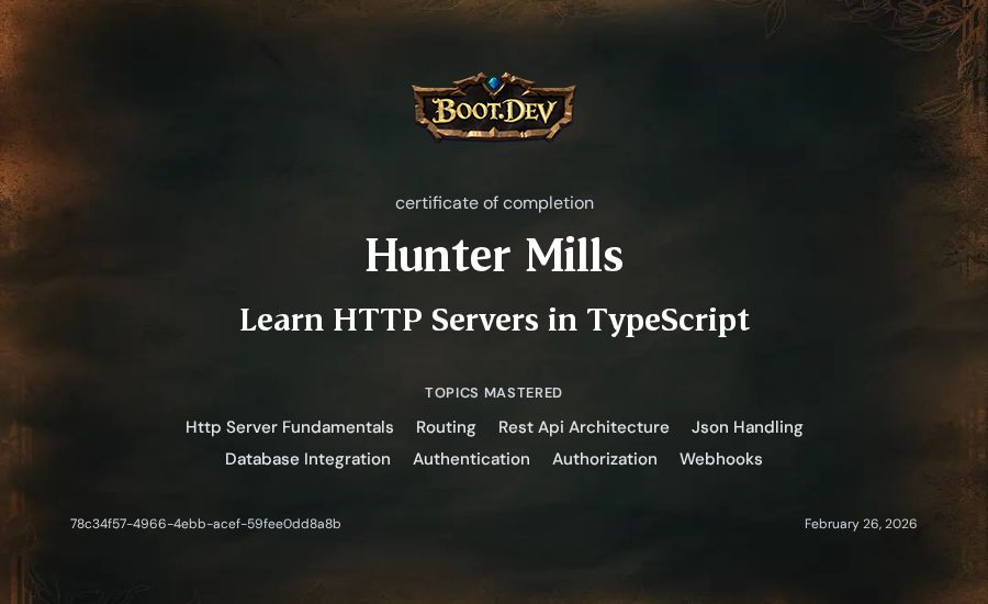 Hunter Mills's Boot.dev Learn HTTP Servers in TypeScript certificate