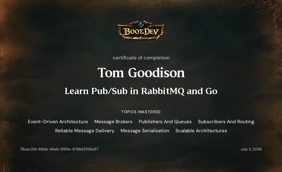 Tom Goodison's Boot.dev Learn Pub/Sub in RabbitMQ and Go certificate