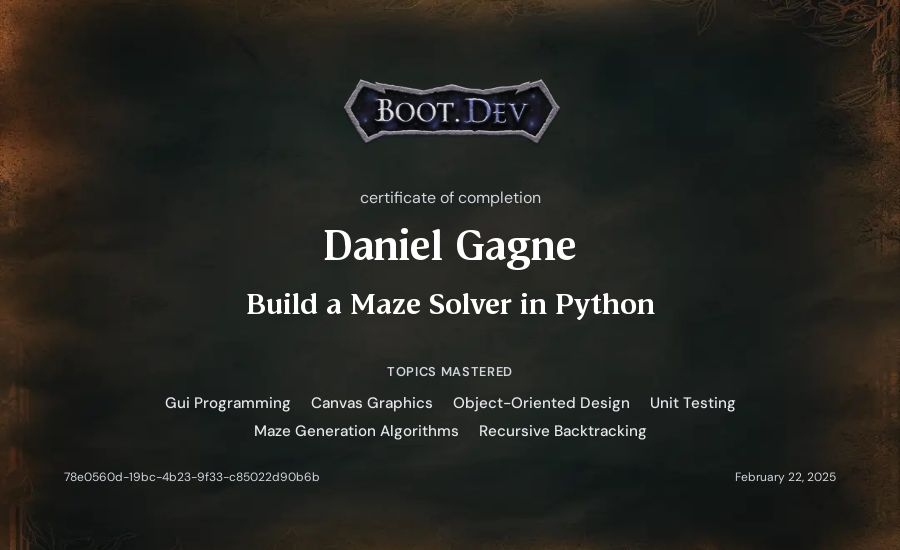 Daniel Gagne's Boot.dev Build a Maze Solver in Python certificate