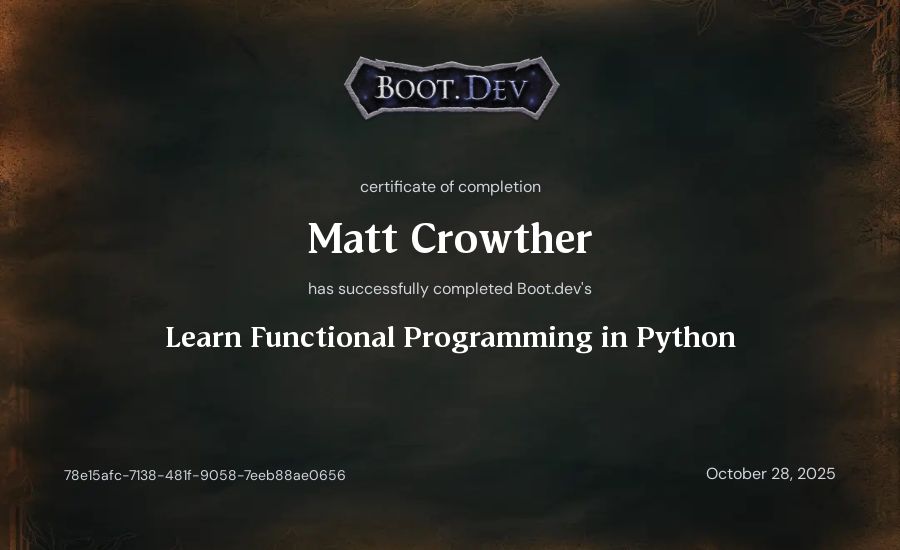 Matt Crowther's Boot.dev Learn Functional Programming in Python certificate