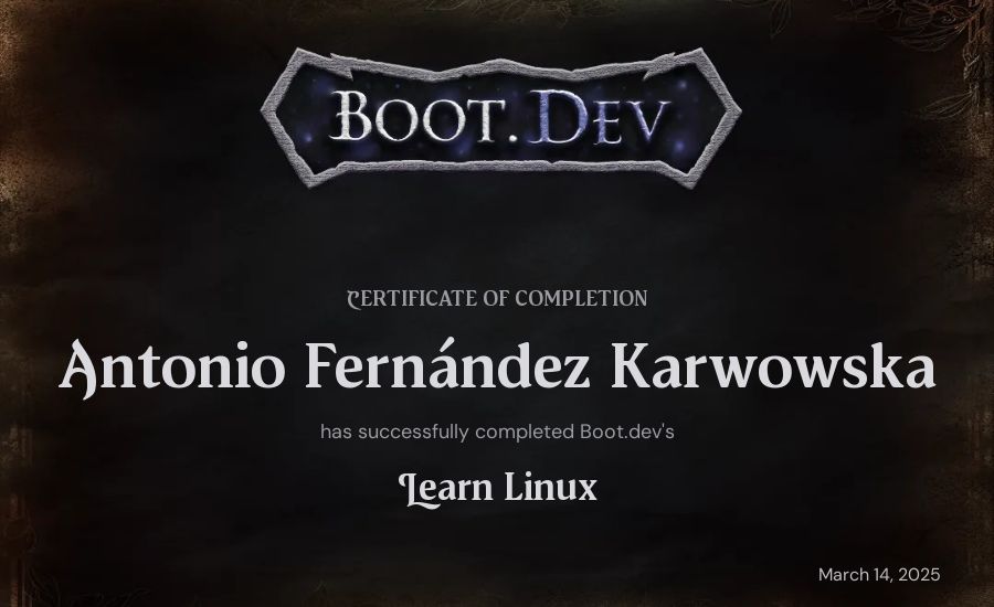 Antonio Fernández Karwowska's Boot.dev Learn Linux certificate
