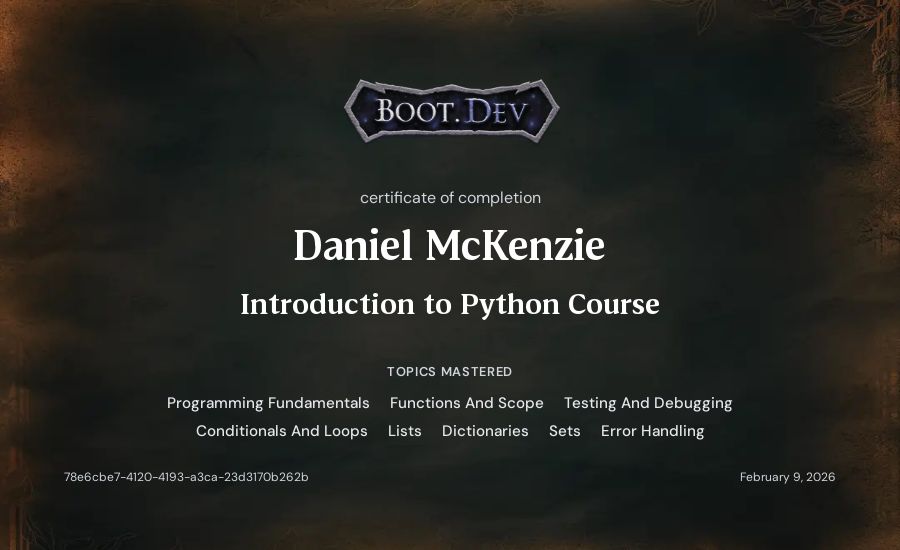 Fish Wing's Boot.dev Introduction to Python Course certificate