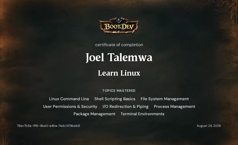 Joel Talemwa's Boot.dev Learn Linux certificate