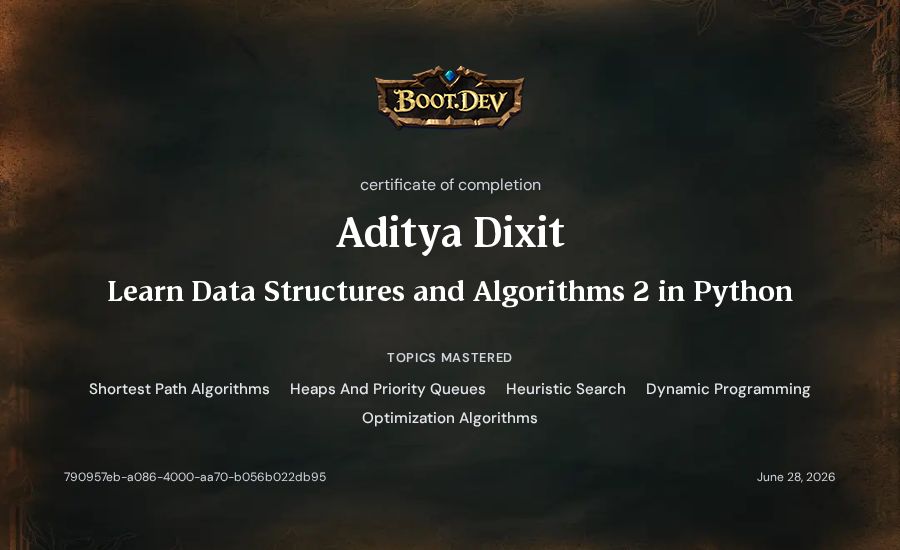 Aditya Dixit's Boot.dev Learn Data Structures and Algorithms 2 in Python certificate
