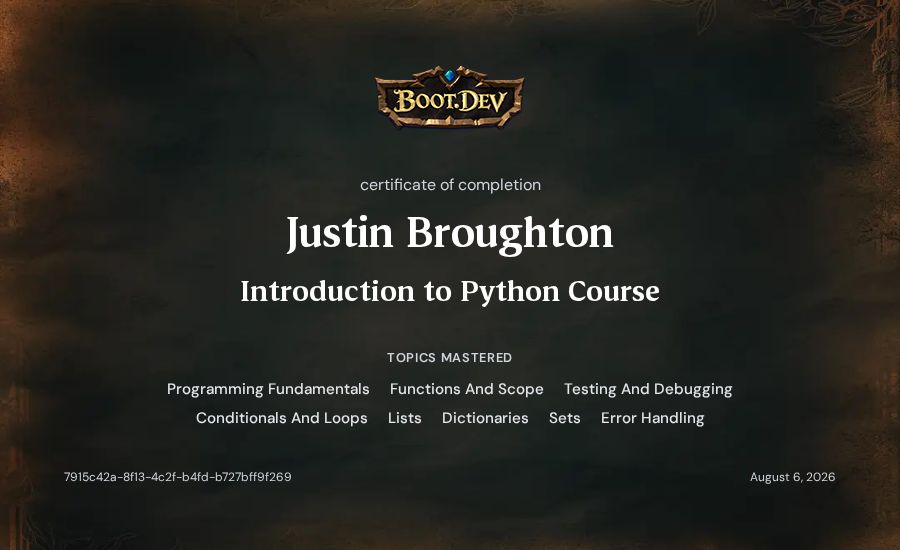 Justin Broughton's Boot.dev Introduction to Python Course certificate