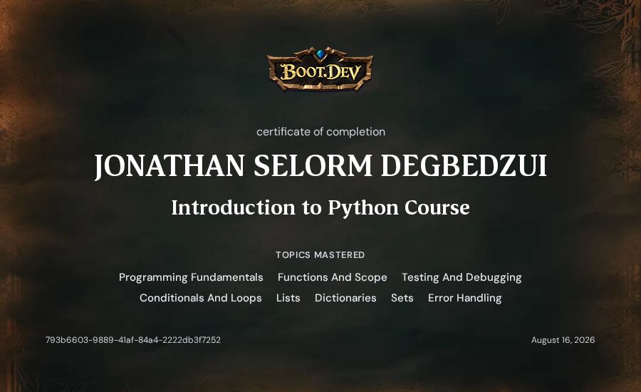 JONATHAN SELORM DEGBEDZUI's Boot.dev Introduction to Python Course certificate