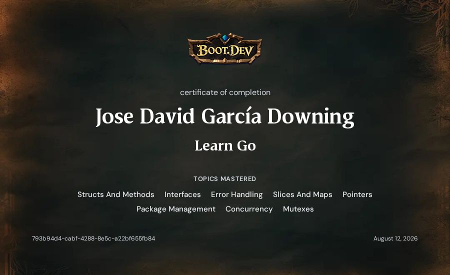 Jose David García Downing's Boot.dev Learn Go certificate