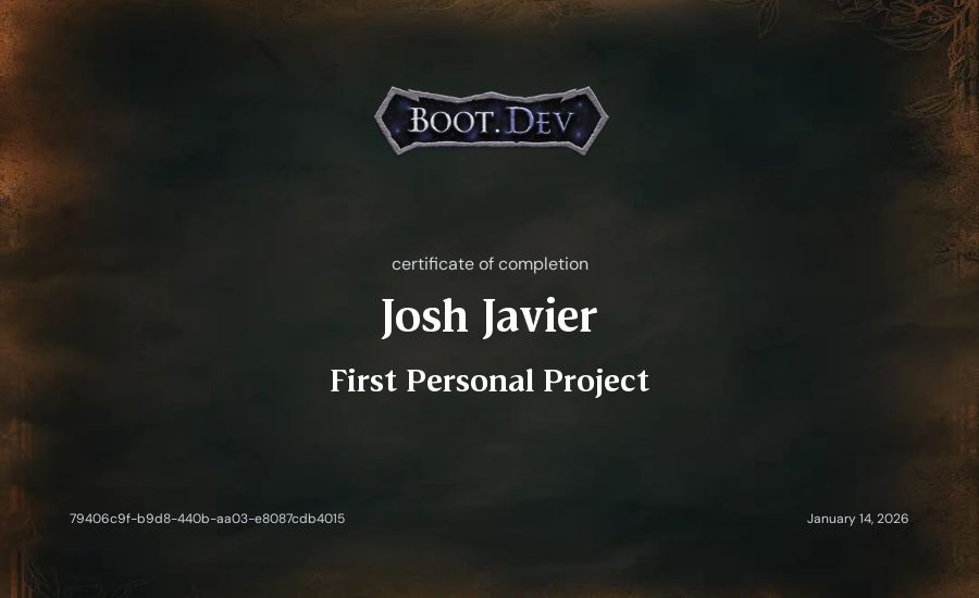 Josh Javier's Boot.dev First Personal Project certificate