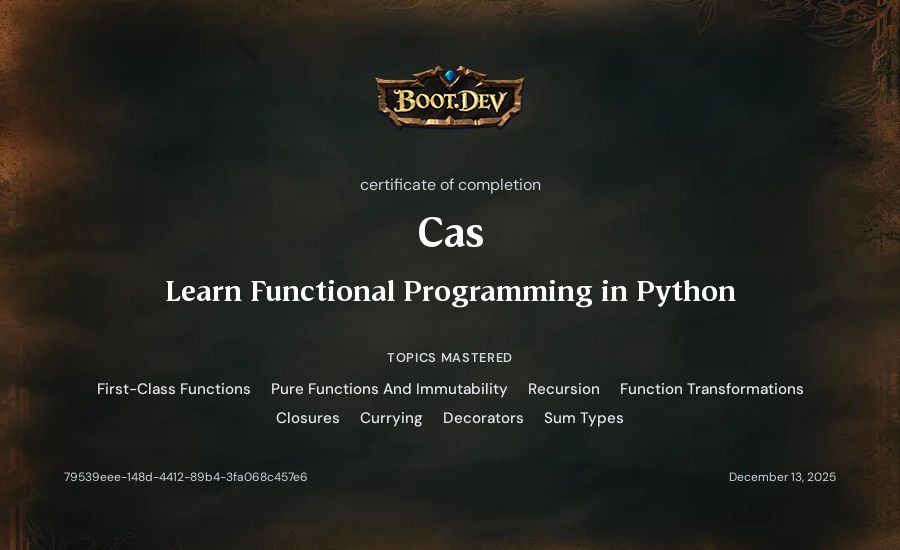 Cas's Boot.dev Learn Functional Programming in Python certificate