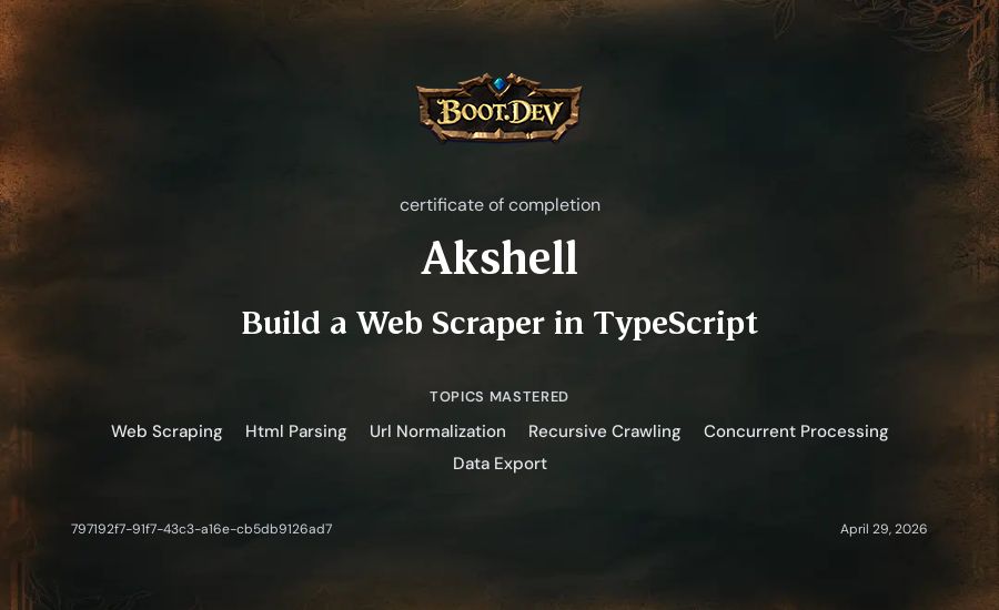 Akshell's Boot.dev Build a Web Scraper in TypeScript certificate