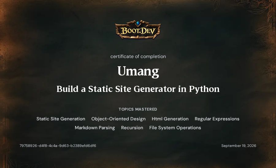 Umang's Boot.dev Build a Static Site Generator in Python certificate