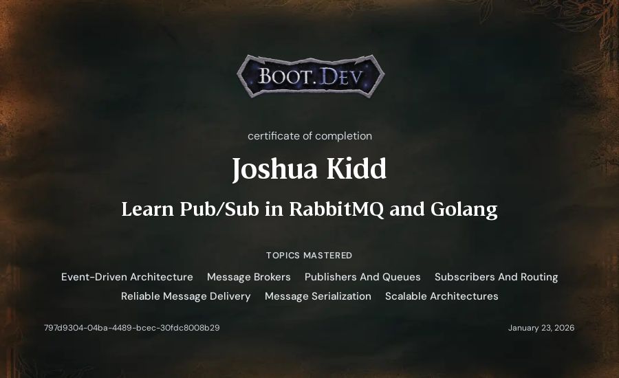 Joshua Kidd's Boot.dev Learn Pub/Sub in RabbitMQ and Go certificate