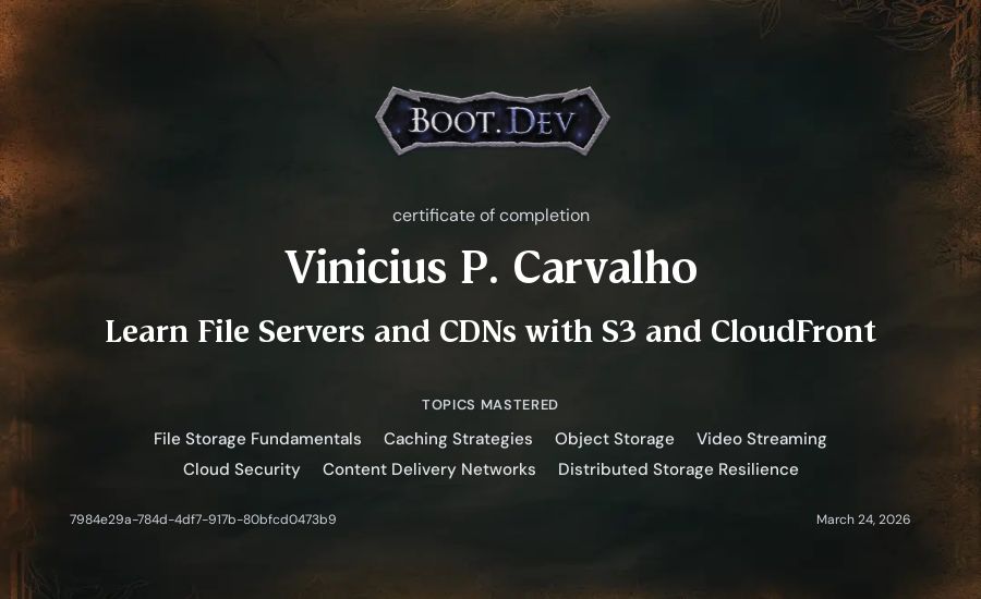 Vinicius P. Carvalho's Boot.dev Learn File Servers and CDNs with S3 and CloudFront certificate
