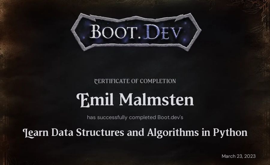 Emil Malmsten's Boot.dev Learn Data Structures and Algorithms in Python certificate