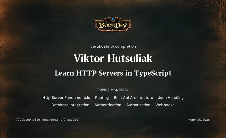 Viktor Hutsuliak's Boot.dev Learn HTTP Servers in TypeScript certificate