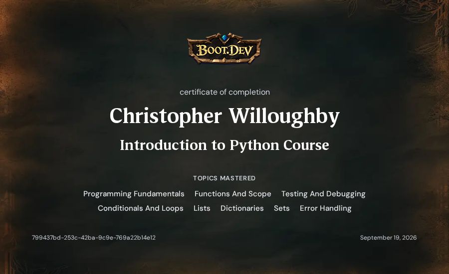 Christopher Willoughby's Boot.dev Introduction to Python Course certificate