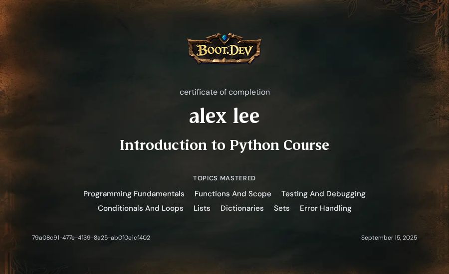 alex lee's Boot.dev Introduction to Python Course certificate
