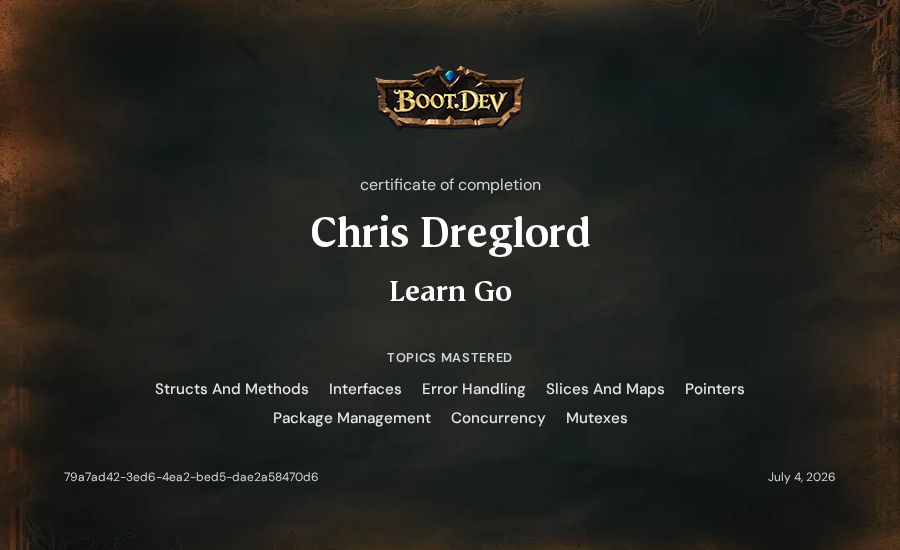 Fever Dreglord's Boot.dev Learn Go certificate