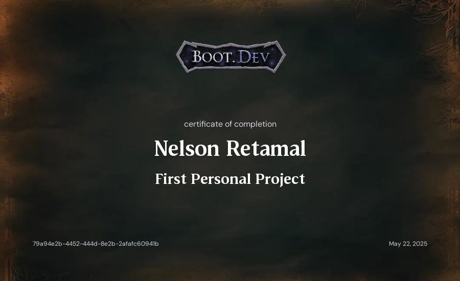 Nelson Retamal's Boot.dev First Personal Project certificate