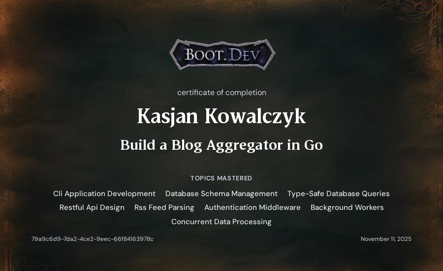 Kasjan Kowalczyk's Boot.dev Build a Blog Aggregator in Go certificate