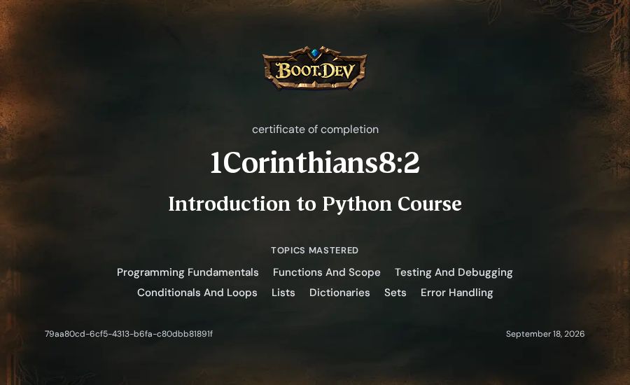 1Corinthians8:2's Boot.dev Introduction to Python Course certificate