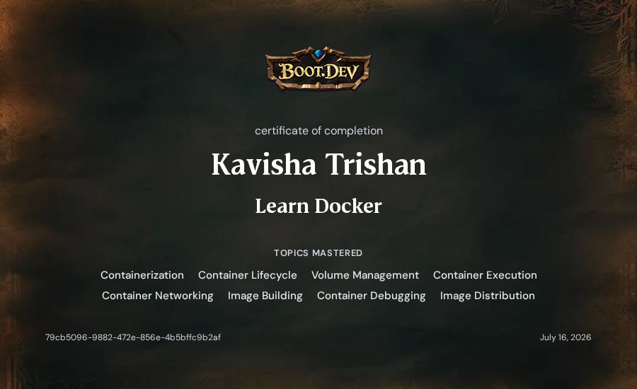 Kavisha Trishan's Boot.dev Learn Docker certificate