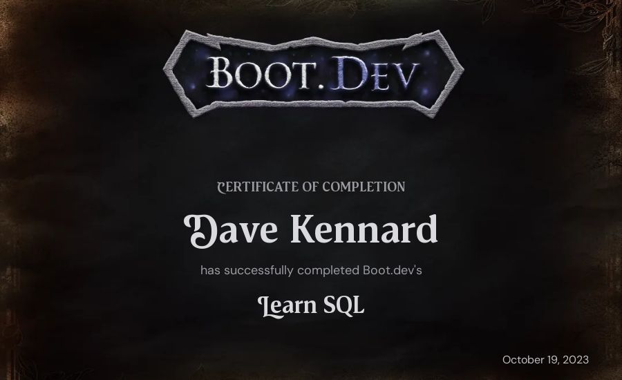 Dave Kennard's Boot.dev Learn SQL certificate