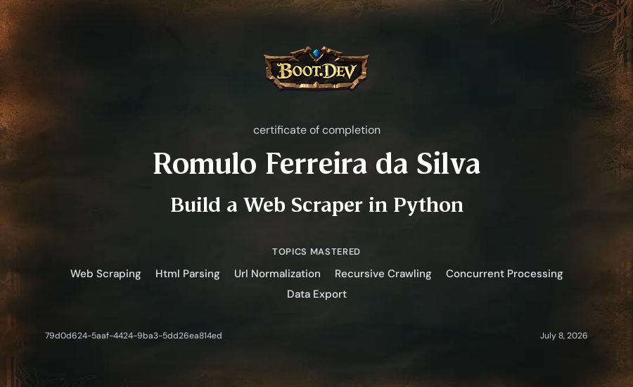 Romulo Ferreira da Silva's Boot.dev Build a Web Scraper in Python certificate