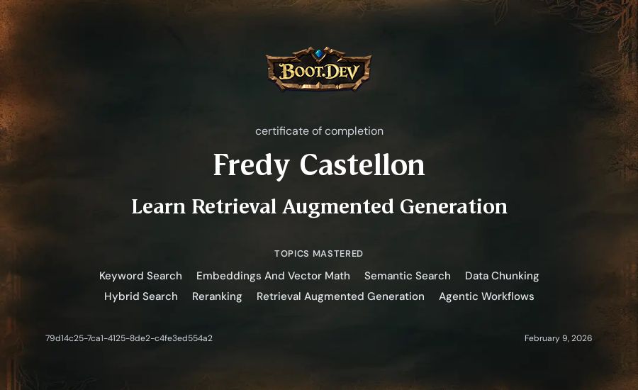 Fredy Castellon's Boot.dev Learn Retrieval Augmented Generation certificate