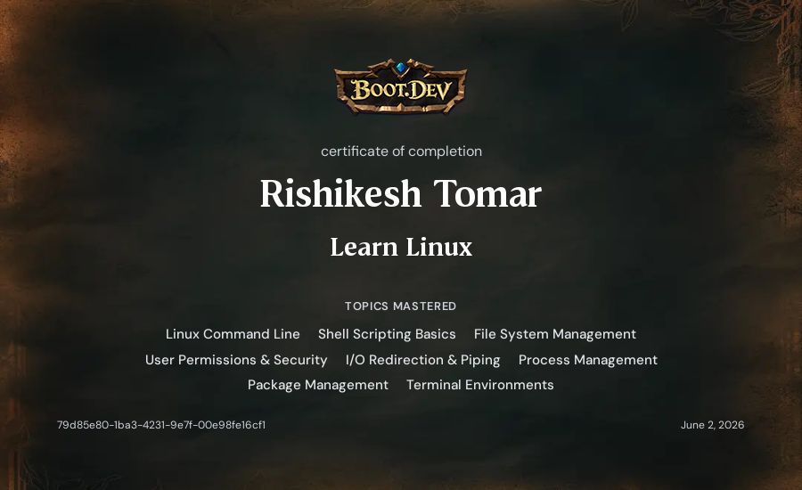 Rishikesh Tomar's Boot.dev Learn Linux certificate