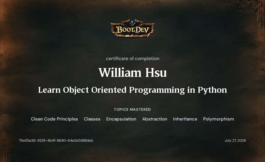 William Hsu's Boot.dev Learn Object Oriented Programming in Python certificate