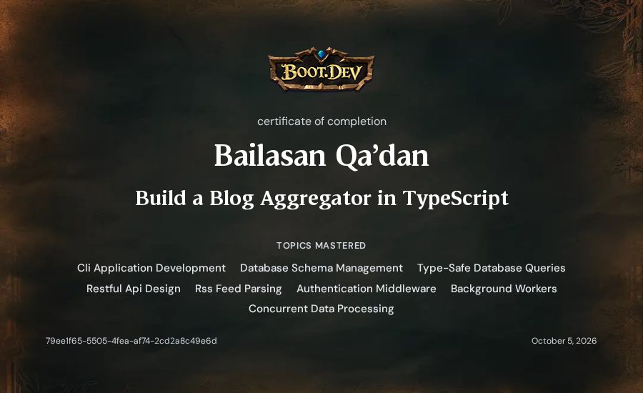 Bailasan Qa'dan's Boot.dev Build a Blog Aggregator in TypeScript certificate