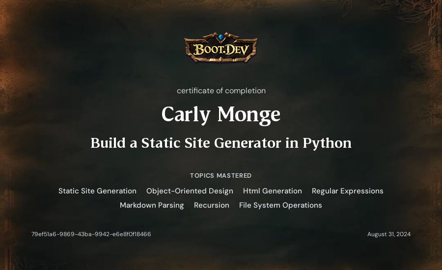Carly Monge's Boot.dev Build a Static Site Generator in Python certificate