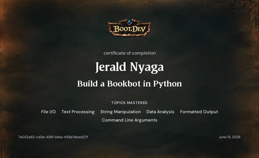 Jerald Nyaga's Boot.dev Build a Bookbot in Python certificate