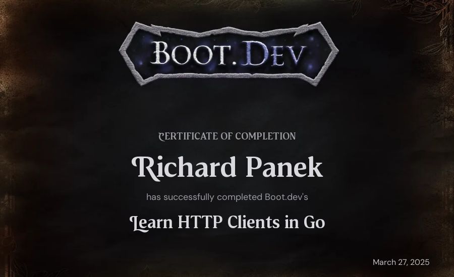 Richard Panek's Boot.dev Learn HTTP Clients in Go certificate