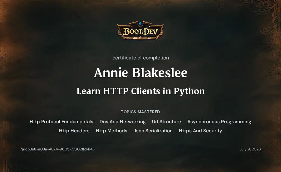 Annie Blakeslee's Boot.dev Learn HTTP Clients in Python certificate