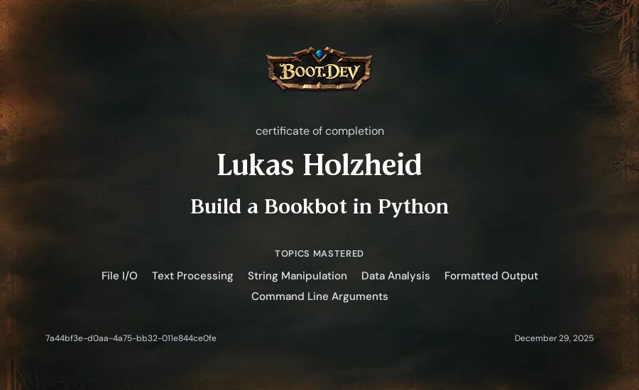 Lukas Holzheid's Boot.dev Build a BookBot in Python certificate