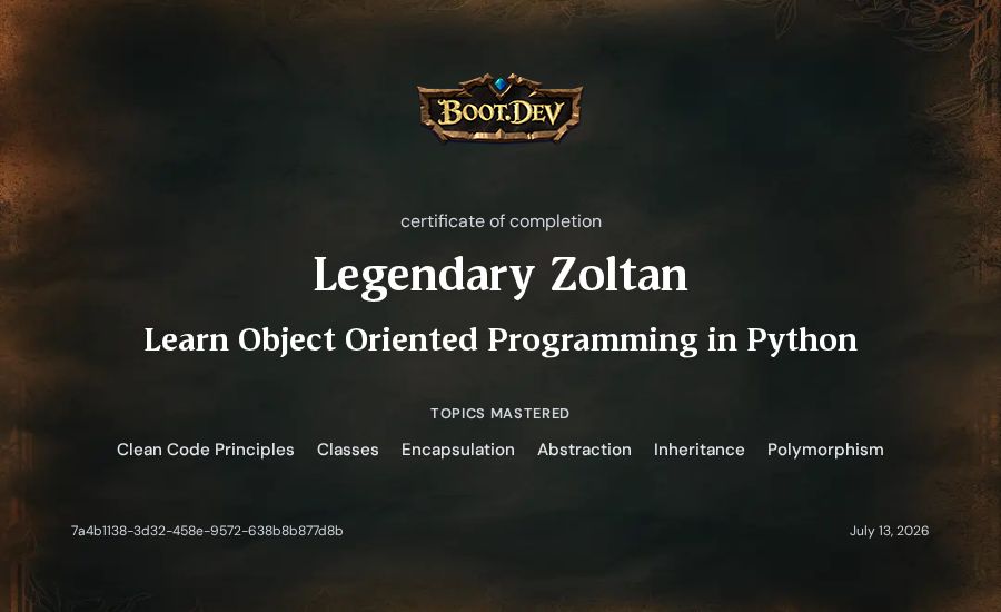 Legendary Zoltan's Boot.dev Learn Object Oriented Programming in Python certificate