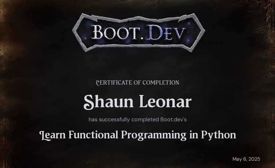 Shaun Leonar's Boot.dev Learn Functional Programming in Python certificate
