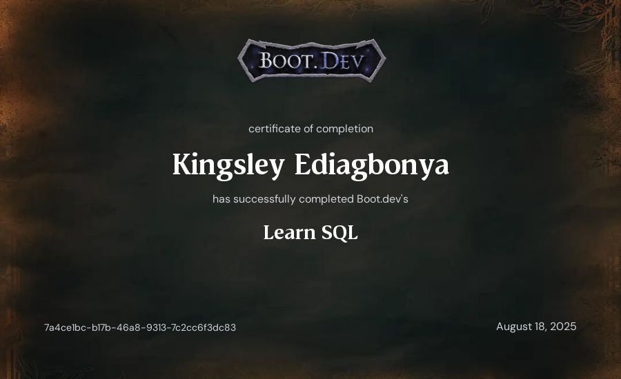 Kingsley Ediagbonya's Boot.dev Learn SQL certificate