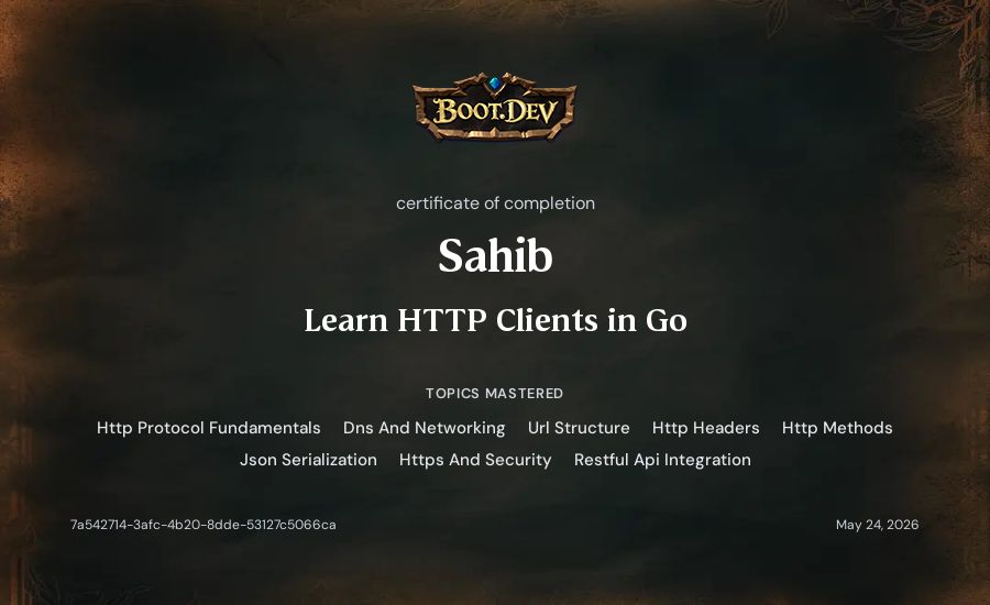 Sahib's Boot.dev Learn HTTP Clients in Go certificate