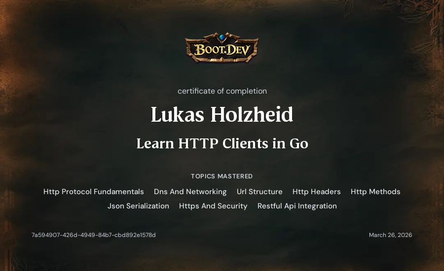 Lukas Holzheid's Boot.dev Learn HTTP Clients in Go certificate