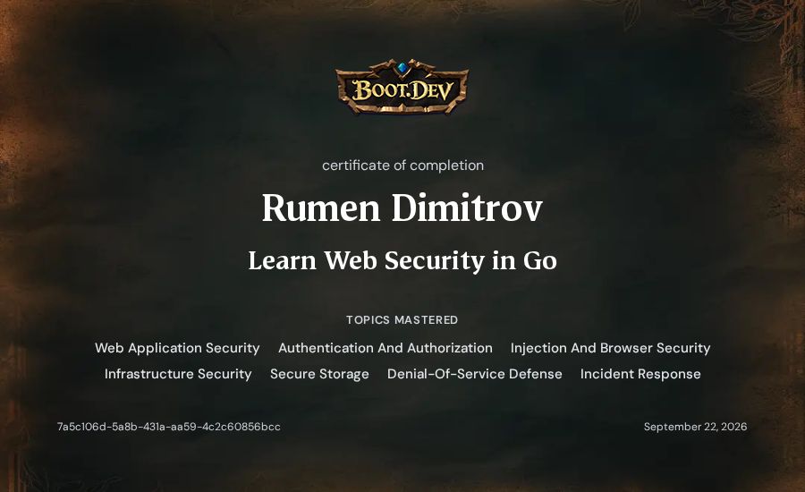 Rumen Dimitrov's Boot.dev Learn Web Security in Go certificate