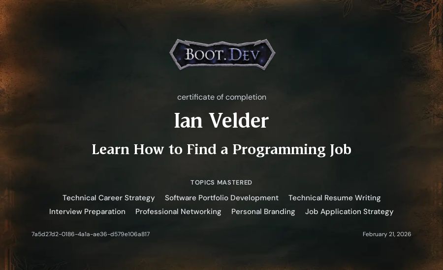 Ian Velder's Boot.dev Learn How to Find a Programming Job certificate