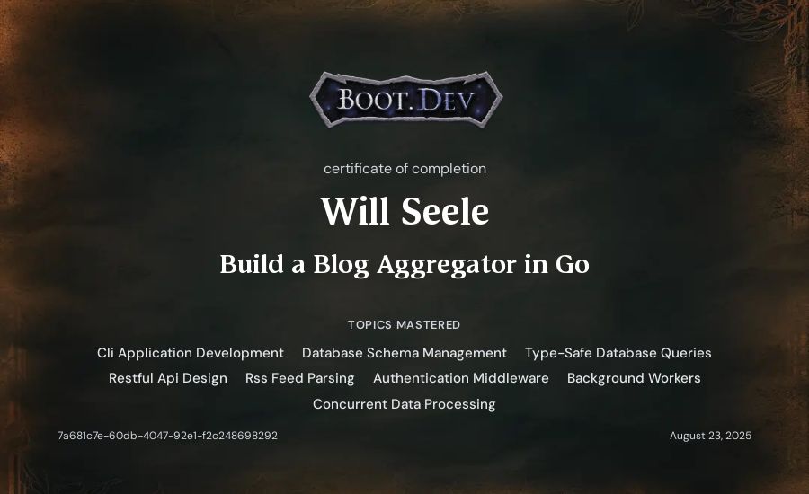 Will Seele's Boot.dev Build a Blog Aggregator in Go certificate
