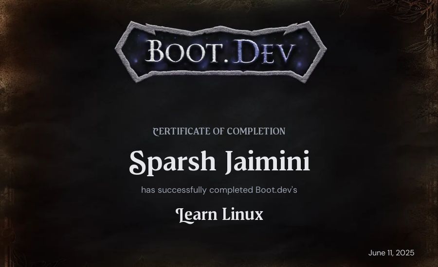 Sparsh Jaimini Sharma's Boot.dev Learn Linux certificate