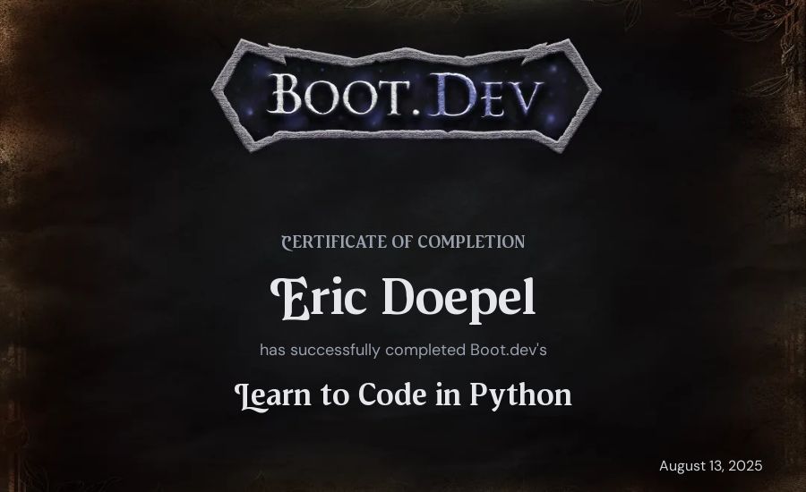Eric Doepel's Boot.dev Introduction to Python Course certificate
