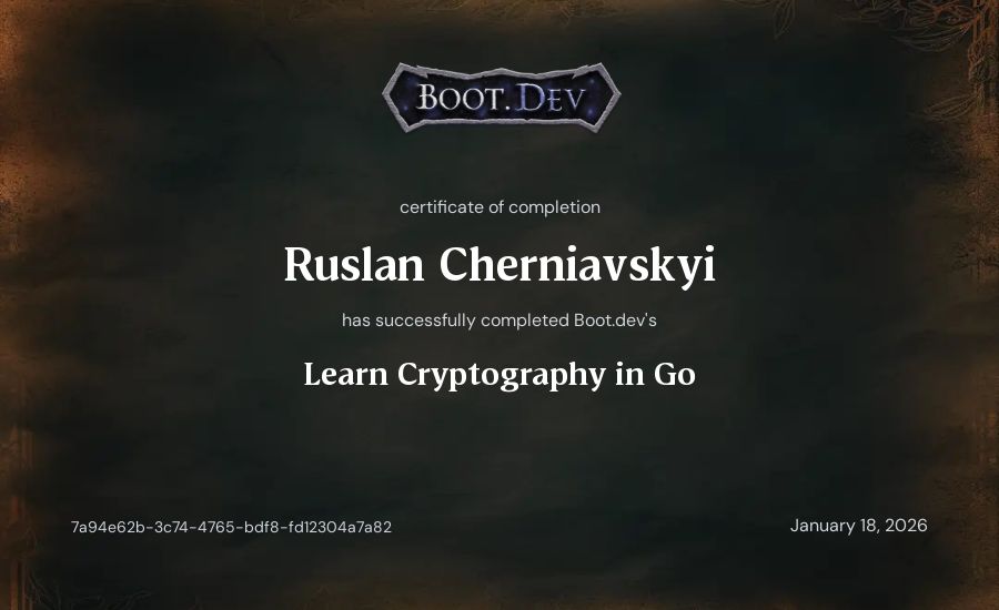 Ruslan Cherniavskyi's Boot.dev Learn Cryptography in Go certificate