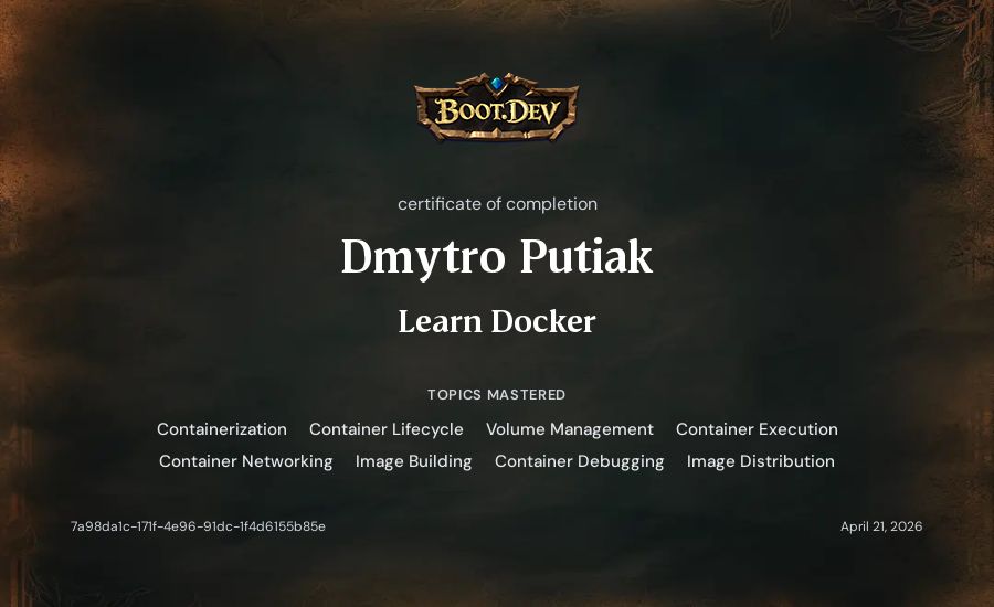 Dmytro Putiak's Boot.dev Learn Docker certificate