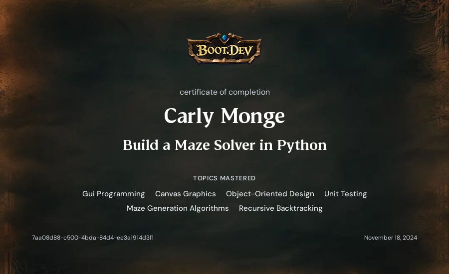 Carly Monge's Boot.dev Build a Maze Solver in Python certificate